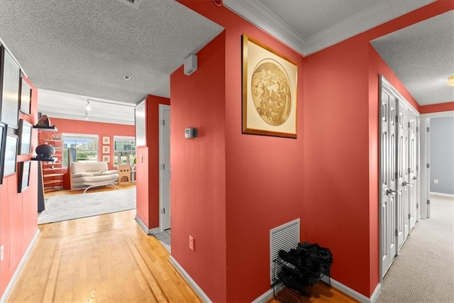 hallway featuring light colored carpet and a textured ceiling