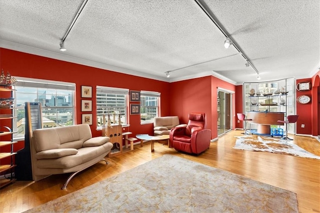 living room with track lighting, wood-type flooring, and a textured ceiling