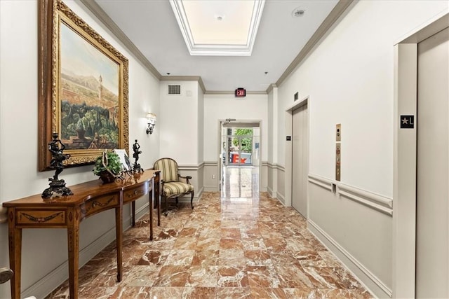 hall featuring a skylight, tile patterned floors, crown molding, and elevator