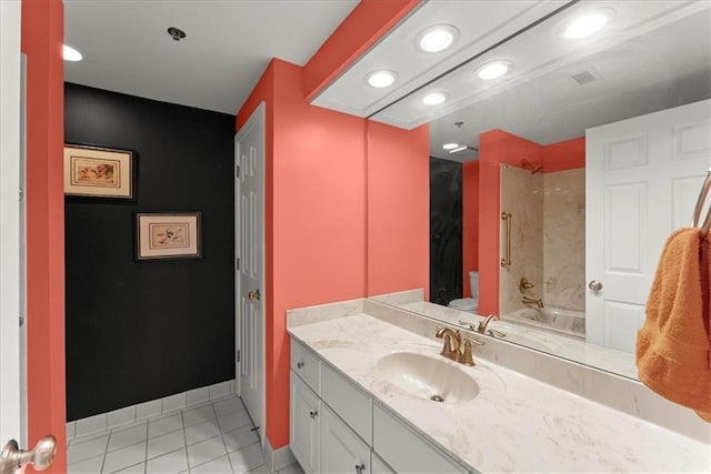 full bathroom featuring shower / bathtub combination, vanity, toilet, and tile patterned floors