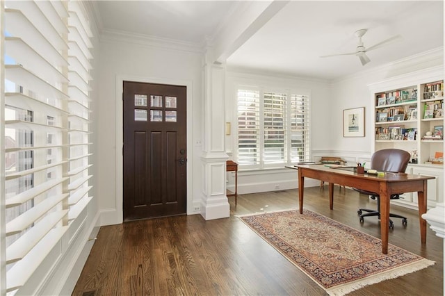 entrance foyer featuring ceiling fan, ornamental molding, and dark wood finished floors