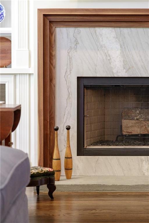 interior details featuring a premium fireplace and wood finished floors