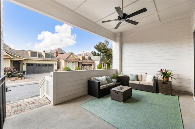 view of patio with ceiling fan and an outdoor hangout area