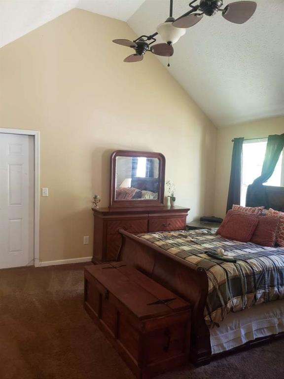 1383 Sims Rd, Winder, GA 30680 - carpeted bedroom with high vaulted ceiling, a ceiling fan, and baseboards
