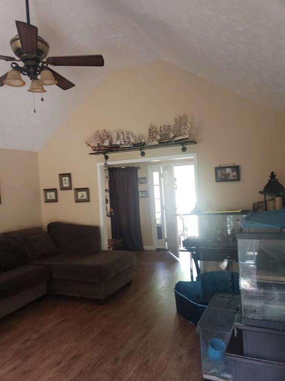 1383 Sims Rd, Winder, GA 30680 - living room featuring lofted ceiling, wood finished floors, ceiling fan, and a textured ceiling