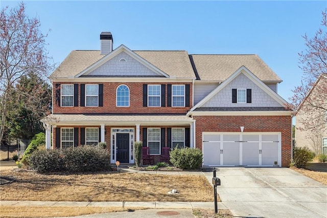 view of front facade featuring a garage, driveway, brick siding, and a chimney