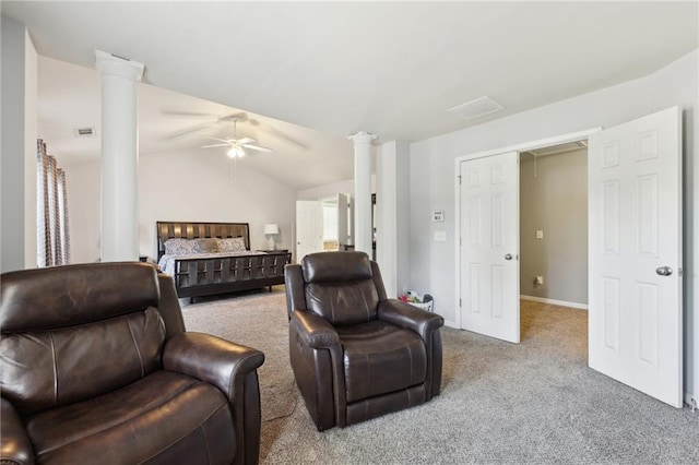 carpeted bedroom featuring decorative columns, visible vents, baseboards, a ceiling fan, and vaulted ceiling