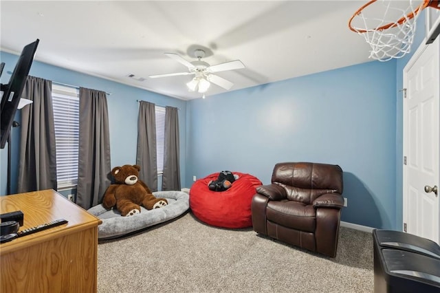 bedroom featuring carpet, visible vents, ceiling fan, and baseboards