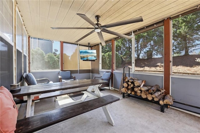 sunroom / solarium featuring wooden ceiling and a ceiling fan