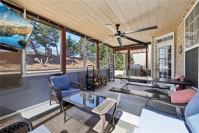 sunroom / solarium with wood ceiling and a ceiling fan