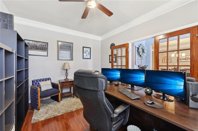 home office featuring ornamental molding, a ceiling fan, and wood finished floors