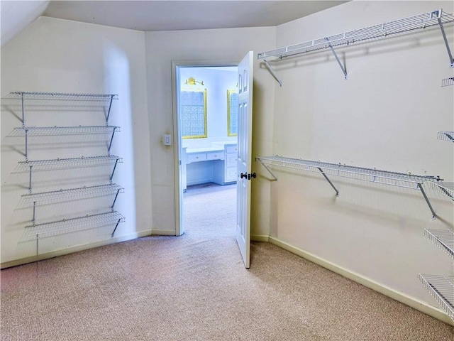 spacious closet featuring carpet flooring and lofted ceiling