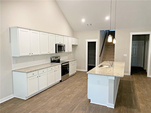kitchen with dark wood-style flooring, stainless steel appliances, high vaulted ceiling, and a sink
