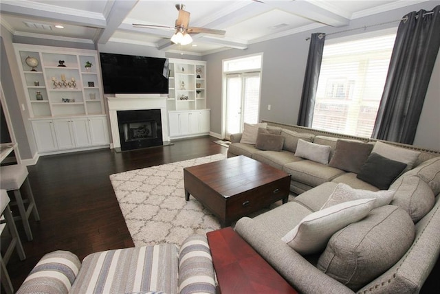 116 Festoon Ct, Smyrna, GA 30080 - living room featuring ornamental molding, dark wood-style flooring, ceiling fan, beam ceiling, and coffered ceiling