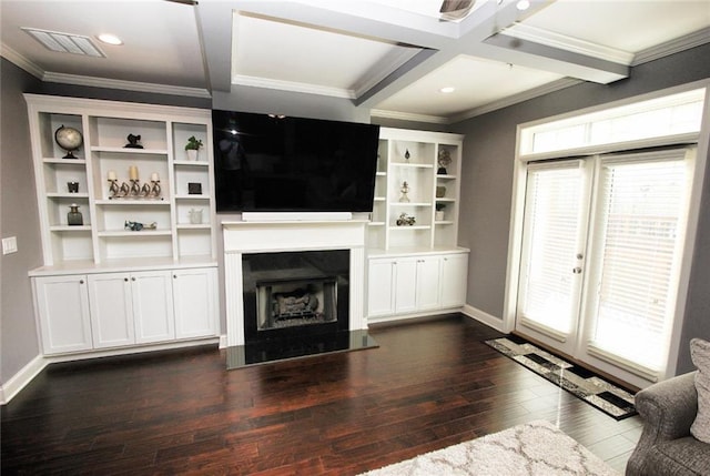 116 Festoon Ct, Smyrna, GA 30080 - unfurnished living room with baseboards, dark wood-type flooring, ornamental molding, a fireplace with raised hearth, and beam ceiling