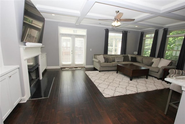 116 Festoon Ct, Smyrna, GA 30080 - living area with coffered ceiling, a fireplace with raised hearth, dark wood-style flooring, plenty of natural light, and beam ceiling