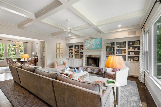 4823 Layfield Dr, Dunwoody, GA 30338 - living room with a chandelier, dark wood finished floors, coffered ceiling, beamed ceiling, and crown molding