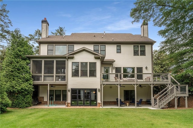 4823 Layfield Dr, Dunwoody, GA 30338 - back of house featuring ceiling fan, a chimney, a patio, and stairs