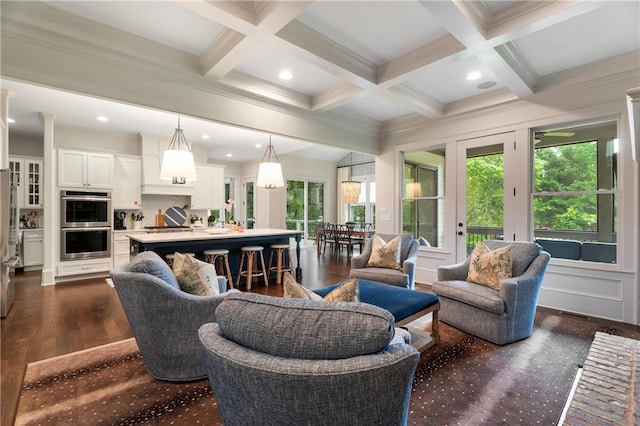 4823 Layfield Dr, Dunwoody, GA 30338 - living room featuring beamed ceiling, dark wood finished floors, coffered ceiling, crown molding, and recessed lighting