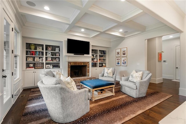 4823 Layfield Dr, Dunwoody, GA 30338 - living area featuring crown molding, beamed ceiling, a brick fireplace, dark wood-style flooring, and coffered ceiling