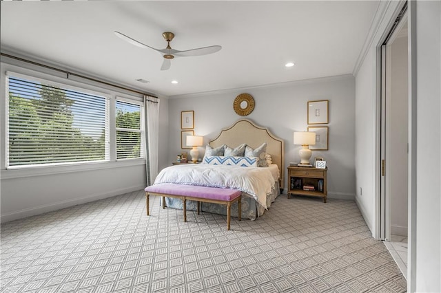 4823 Layfield Dr, Dunwoody, GA 30338 - bedroom featuring crown molding, baseboards, light colored carpet, ceiling fan, and recessed lighting