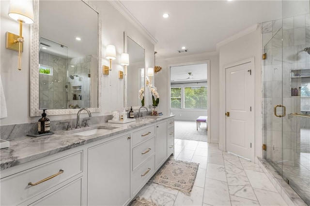 4823 Layfield Dr, Dunwoody, GA 30338 - full bathroom with crown molding, double vanity, marble look tiles, a stall shower, and recessed lighting