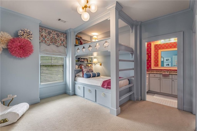 4823 Layfield Dr, Dunwoody, GA 30338 - bedroom featuring ornamental molding, light colored carpet, connected bathroom, and baseboards