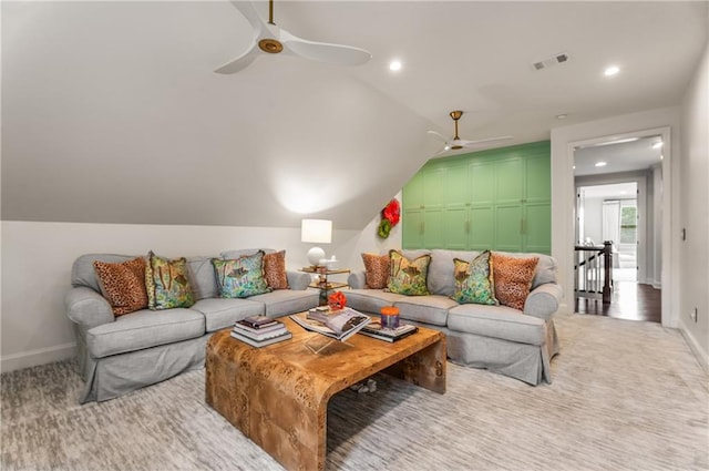 4823 Layfield Dr, Dunwoody, GA 30338 - carpeted living room with a ceiling fan, baseboards, vaulted ceiling, and recessed lighting