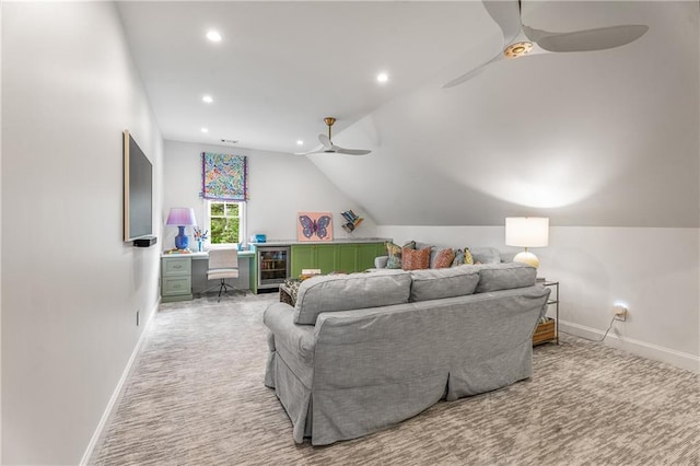 4823 Layfield Dr, Dunwoody, GA 30338 - carpeted living area featuring ceiling fan, baseboards, an office area, vaulted ceiling, and recessed lighting