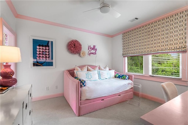 4823 Layfield Dr, Dunwoody, GA 30338 - carpeted bedroom featuring crown molding, baseboards, and ceiling fan