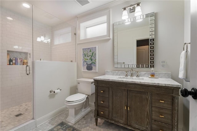 4823 Layfield Dr, Dunwoody, GA 30338 - bathroom with toilet, a stall shower, vanity, and baseboards