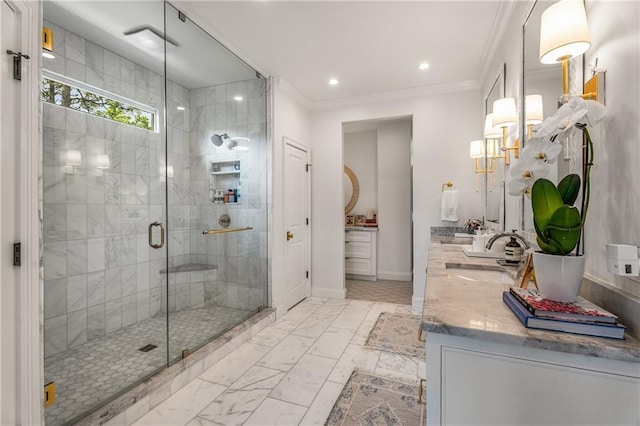 4823 Layfield Dr, Dunwoody, GA 30338 - full bathroom featuring marble look tile flooring, double vanity, a shower stall, crown molding, and baseboards