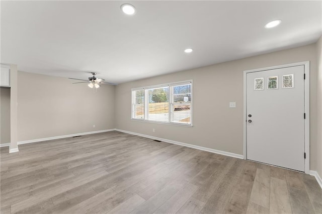 1292 Fernside Dr, Toccoa, GA 30577 - foyer featuring a ceiling fan, light wood-style floors, baseboards, and recessed lighting