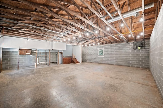 1292 Fernside Dr, Toccoa, GA 30577 - below grade area with concrete block wall and stairway