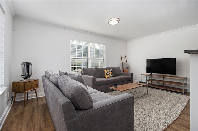 living area featuring crown molding, dark wood-style flooring, and baseboards