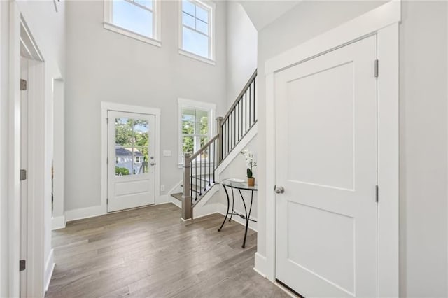 foyer entrance with wood-type flooring and a high ceiling