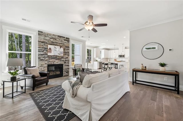 living room featuring ceiling fan, a fireplace, plenty of natural light, and wood-type flooring