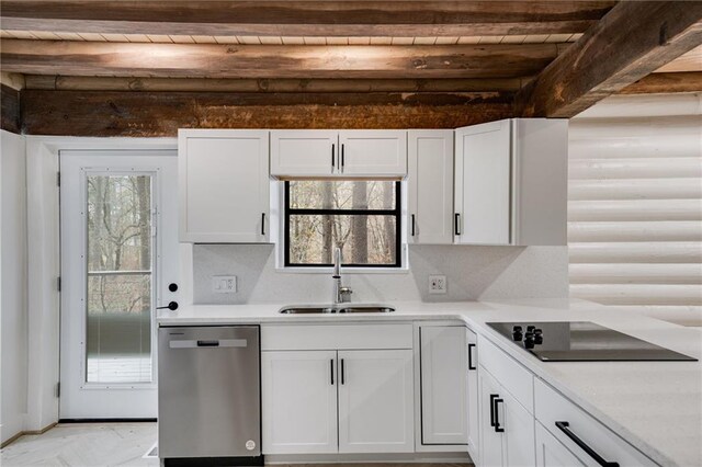 kitchen featuring dishwasher, white cabinets, sink, tasteful backsplash, and wood ceiling