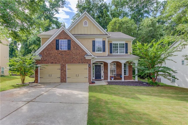 4092 Duran Ln, Auburn, GA 30011 - view of front of home featuring concrete driveway, board and batten siding, a front yard, an attached garage, and covered porch