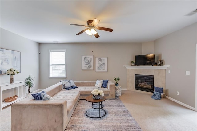 4092 Duran Ln, Auburn, GA 30011 - carpeted living room featuring a tiled fireplace and ceiling fan