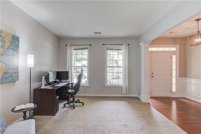4092 Duran Ln, Auburn, GA 30011 - office space featuring carpet floors, wood finished floors, a chandelier, and ornate columns