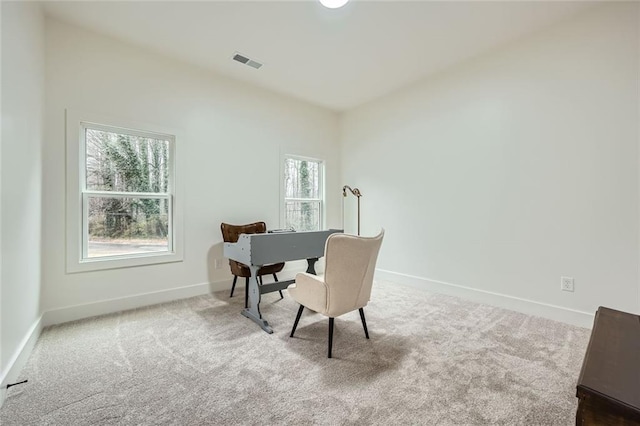 office with baseboards, visible vents, and carpet flooring