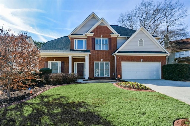 craftsman house with a front yard and a garage