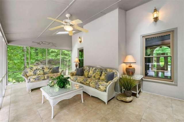 312 Crabapple Springs Way, Woodstock, GA 30188 - tiled living area featuring a ceiling fan and lofted ceiling