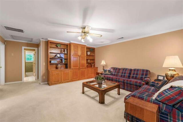 312 Crabapple Springs Way, Woodstock, GA 30188 - living room featuring crown molding, light carpet, a ceiling fan, baseboards, and attic access
