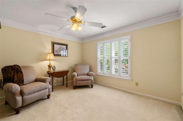 312 Crabapple Springs Way, Woodstock, GA 30188 - living area with ornamental molding, baseboards, light carpet, and a ceiling fan