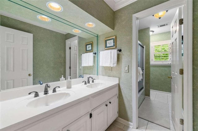 312 Crabapple Springs Way, Woodstock, GA 30188 - bathroom with tile patterned floors, a stall shower, double vanity, and baseboards