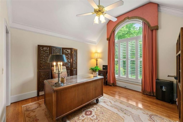 312 Crabapple Springs Way, Woodstock, GA 30188 - home office featuring lofted ceiling, plenty of natural light, wood finished floors, ceiling fan, and crown molding