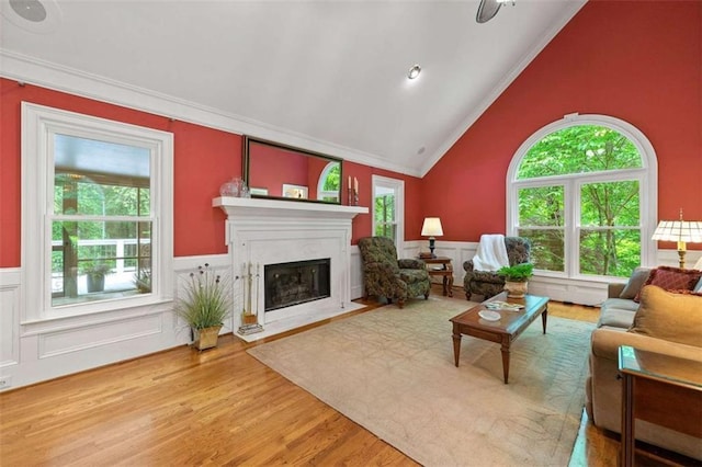 312 Crabapple Springs Way, Woodstock, GA 30188 - living area with crown molding, a fireplace with flush hearth, wainscoting, wood finished floors, and vaulted ceiling