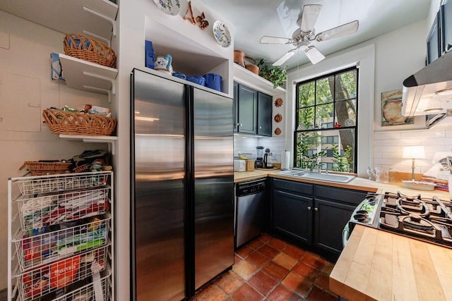 2260 Peachtree Rd NW Unit B4, Atlanta, GA 30309 - kitchen with stainless steel appliances, backsplash, butcher block counters, and a ceiling fan
